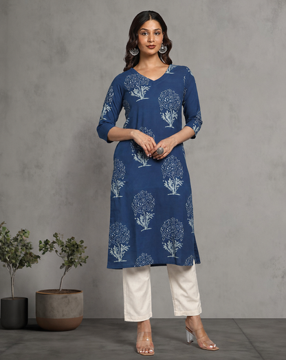Indigo Dyed Dabu Printed Cotton Long Kurta
