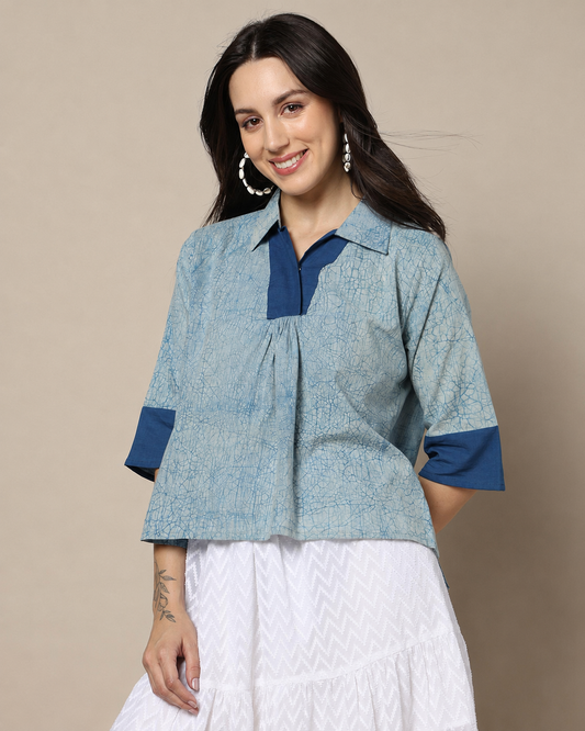 Indigo Dyed Dabu Printed Cotton Top