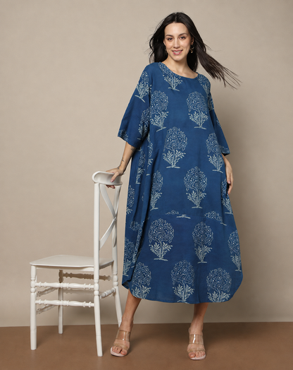 Indigo Dyed Dabu Hand Block Printed Free Size Dress