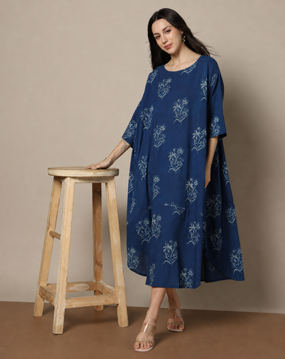 Indigo Dyed Dabu Hand Block Printed Free Size Dress
