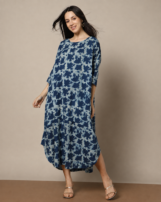 Indigo Dyed Dabu Hand Block Printed Free Size Dress