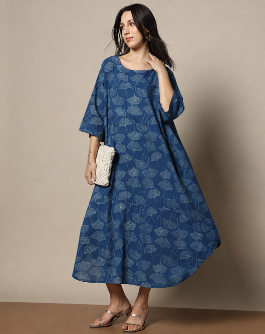Indigo Dyed Dabu Hand Block Printed Free Size Dress