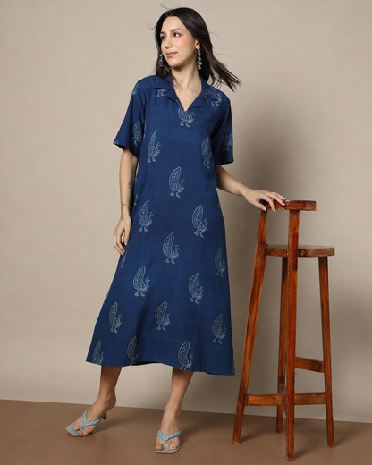 Indigo Dyed Dabu Hand Block Printed Long Dress