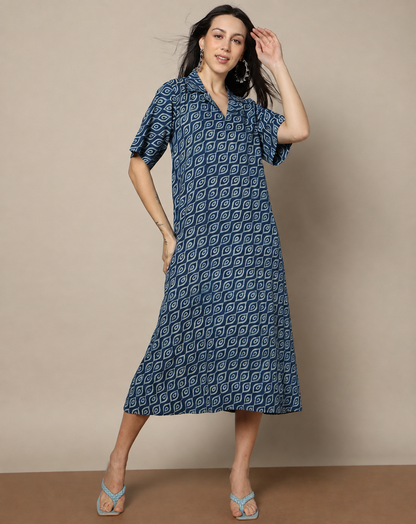 Indigo Dyed Dabu Hand Block Printed Long Dress