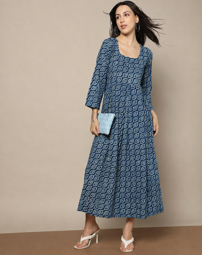Indigo Dyed Dabu Hand Block Printed Long Dress
