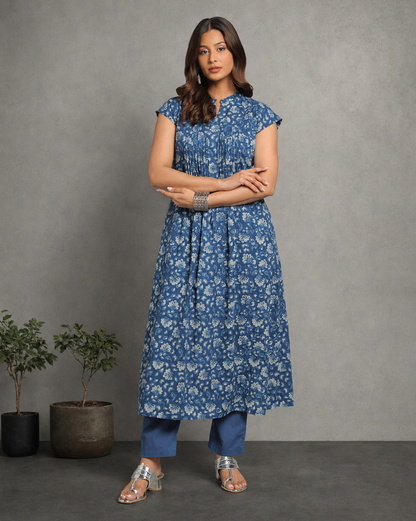 Indigo Dyed Dabu Hand Block Printed Long Kurta