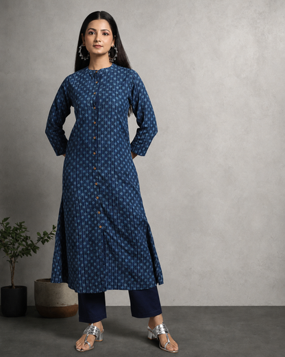 Indigo Dyed Dabu Hand Block Printed Long Kurta