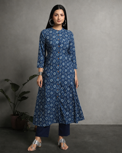 Indigo Dyed Dabu Hand Block Printed Long Kurta