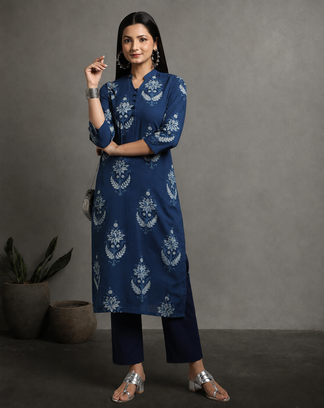 Indigo Dyed Dabu Hand Block Printed Long Kurta