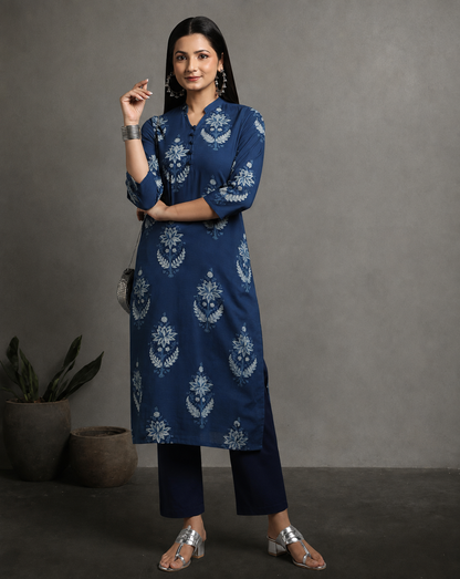 Indigo Dyed Dabu Hand Block Printed Long Kurta