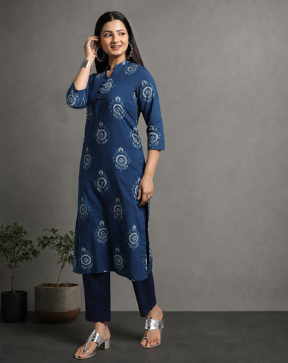 Indigo Dyed Dabu Hand Block Printed Long Kurta