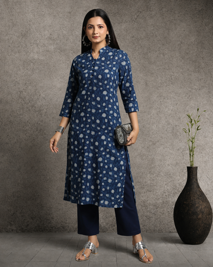 Indigo Dyed Dabu Hand Block Printed Long Kurta