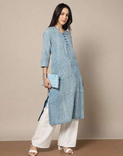 Indigo Dyed Dabu Hand Block Printed Long Kurta