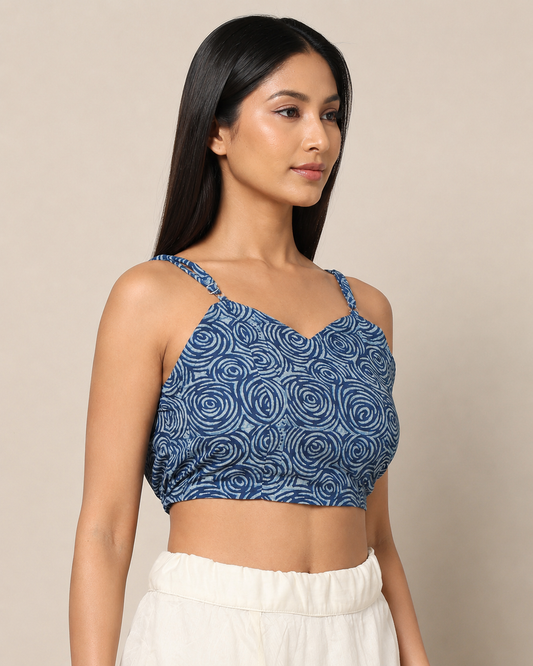 Indigo Dyed Dabu Printed Sleeveless Blouse