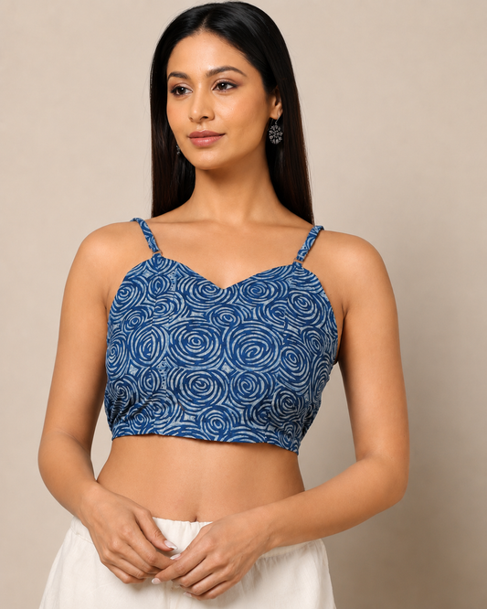 Indigo Dyed Dabu Printed Sleeveless Blouse