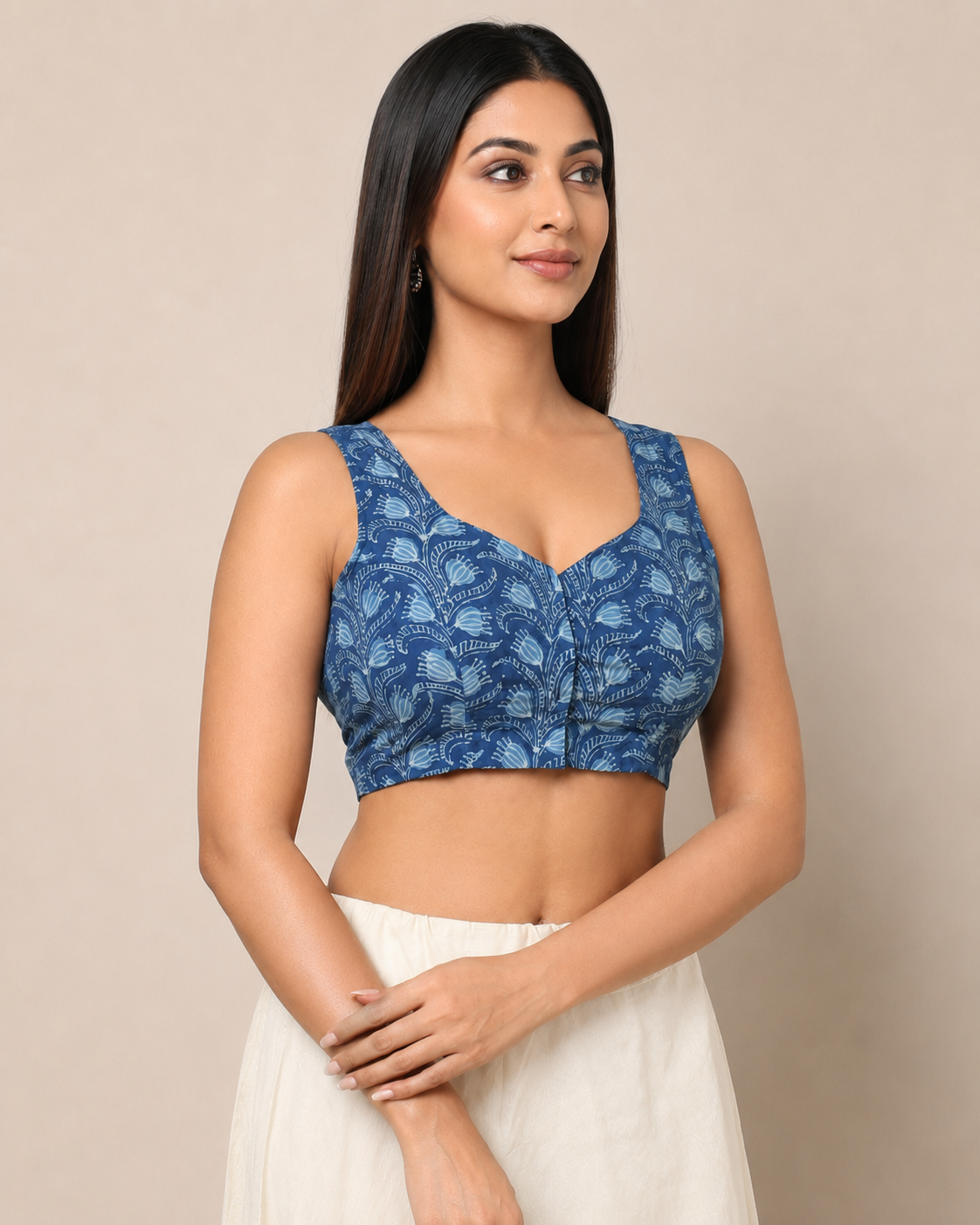 Indigo Dyed Dabu Printed Sleeveless Blouse