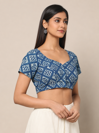Indigo Dyed Dabu Printed Short Sleeve Blouse