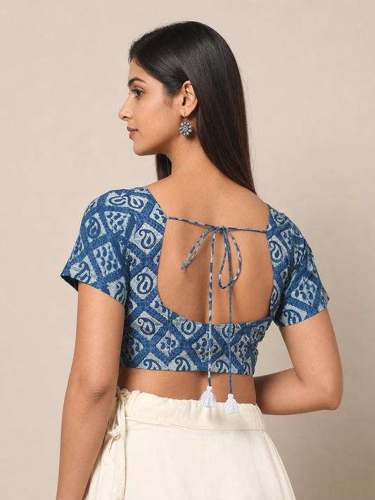 Indigo Dyed Dabu Printed Short Sleeve Blouse