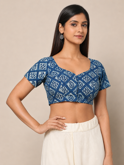 Indigo Dyed Dabu Printed Short Sleeve Blouse