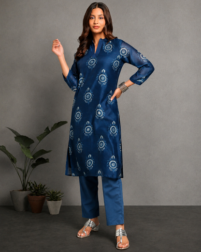 Indigo Dyed Dabu Printed Butta Chanderi Long Kurta