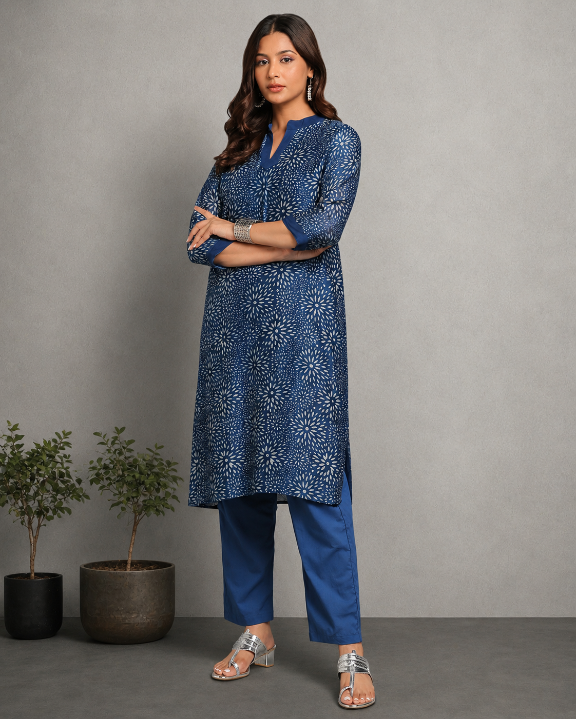Indigo Dyed Dabu Printed Chanderi Sunflower Long Kurta