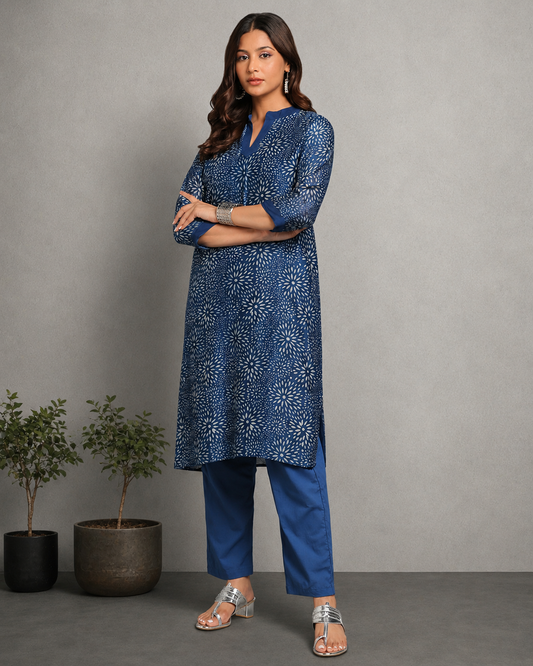 Indigo Dyed Dabu Printed Chanderi Sunflower Long Kurta
