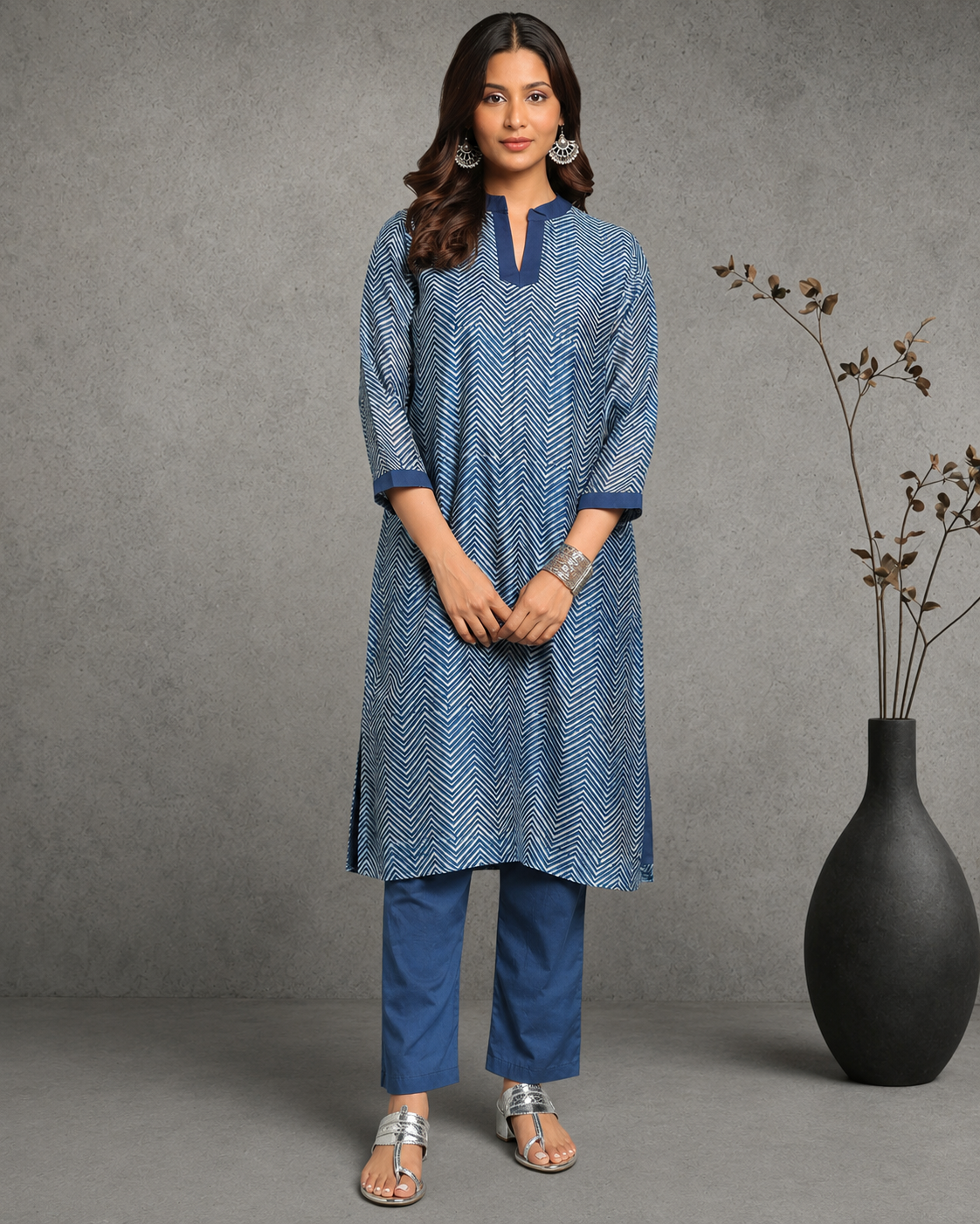 Indigo Dyed Dabu Printed Chanderi Lehar Long Kurta
