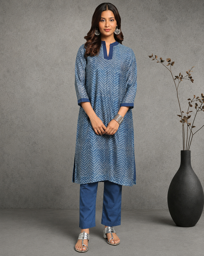 Indigo Dyed Dabu Printed Chanderi Lehar Long Kurta