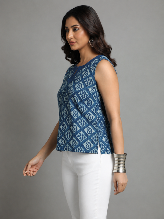 Indigo Dyed Dabu Printed Keri Flat Neck Top