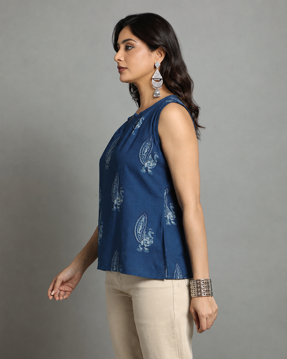 Indigo Dyed Dabu Printed Peacock Pintuk Top