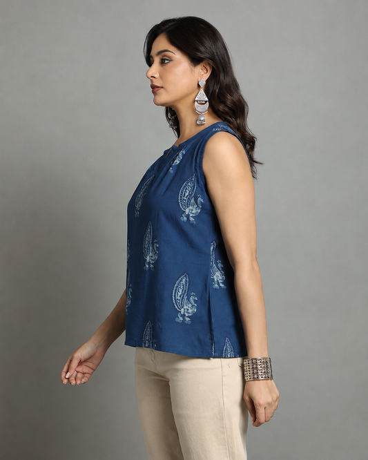 Indigo Dyed Dabu Printed Peacock Pintuk Top