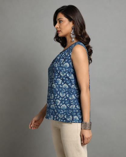 Indigo Dyed Dabu Printed Flower Zaal Pintuk Top