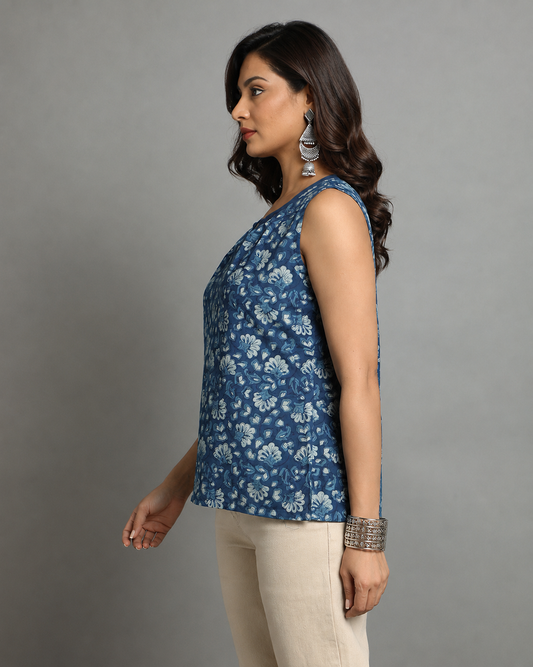 Indigo Dyed Dabu Printed Flower Zaal Pintuk Top