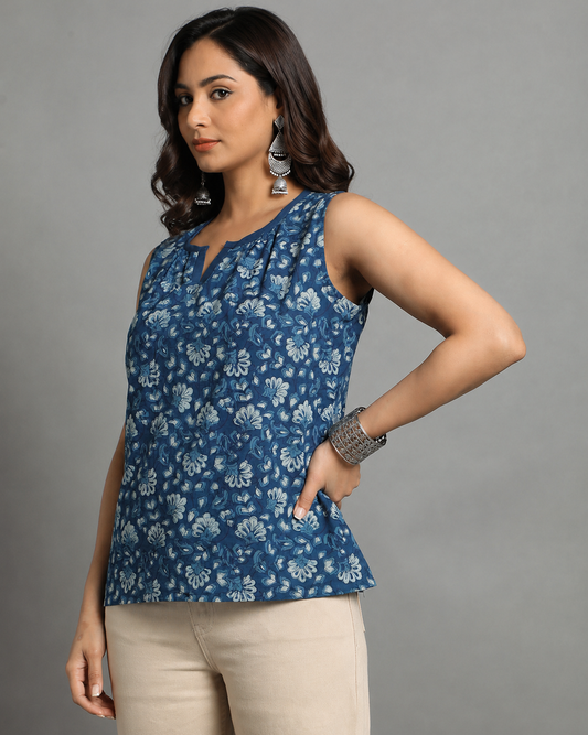 Indigo Dyed Dabu Printed Flower Zaal Pintuk Top