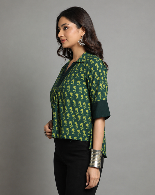 Indigo Nashpal Dyed Dabu Printed Flower Zaal Pintuk Top