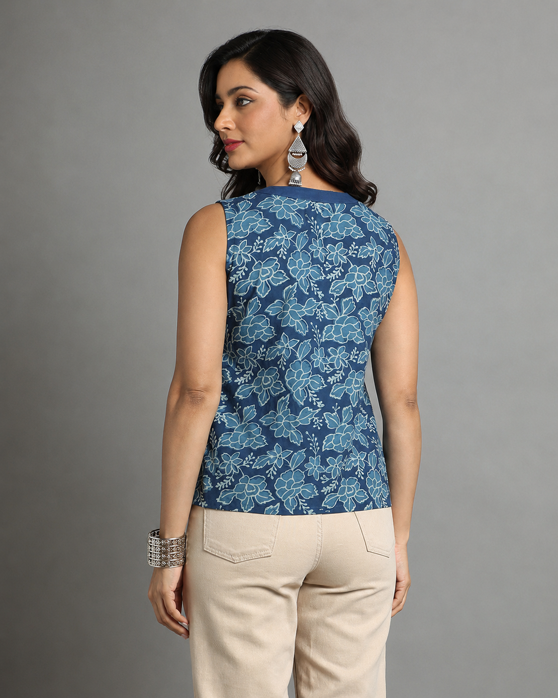 Indigo Dyed Dabu Printed Big Flower Zaal Flat Neck Top