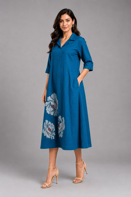 Imari Painting Inspired Indigo Dyed Dabu Hand Block Printed Chanderi Silk Flap Collar Dress