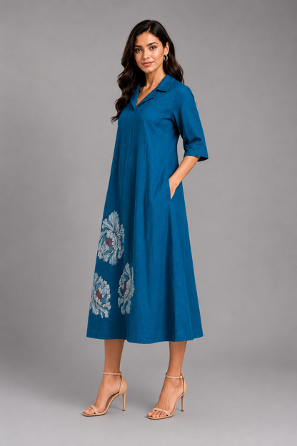 Imari Painting Inspired Indigo Dyed Dabu Hand Block Printed Chanderi Silk Flap Collar Dress
