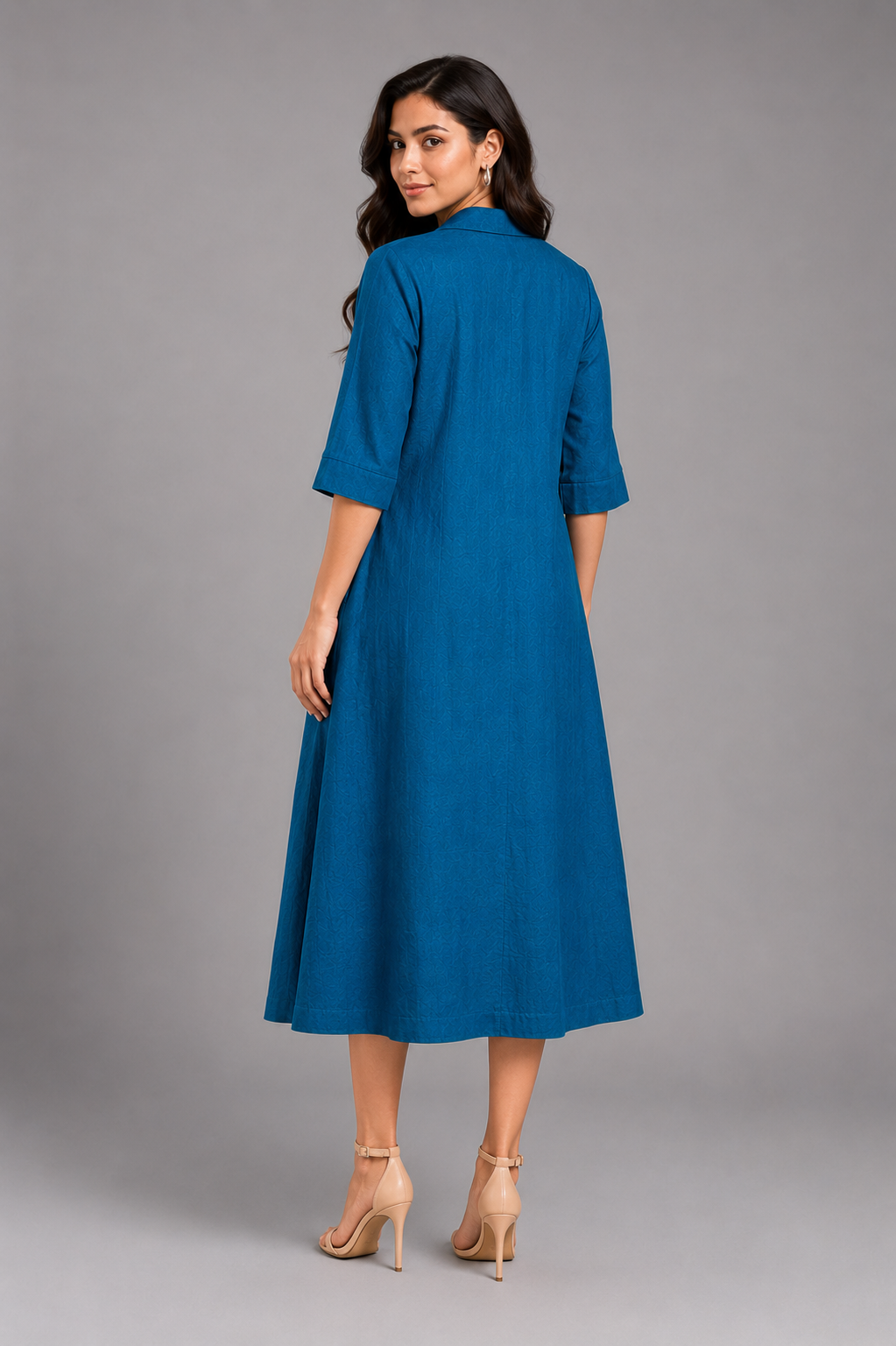 Imari Painting Inspired Indigo Dyed Dabu Hand Block Printed Chanderi Silk Flap Collar Dress