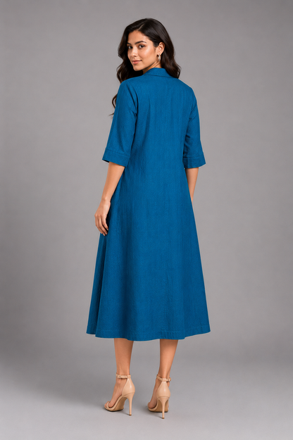 Imari Painting Inspired Indigo Dyed Dabu Hand Block Printed Chanderi Silk Flap Collar Dress