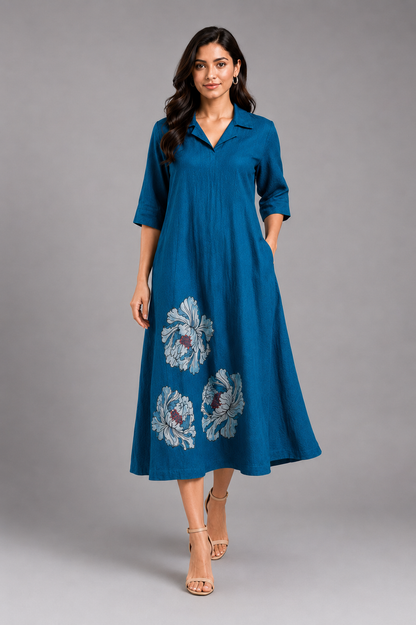 Imari Painting Inspired Indigo Dyed Dabu Hand Block Printed Chanderi Silk Flap Collar Dress