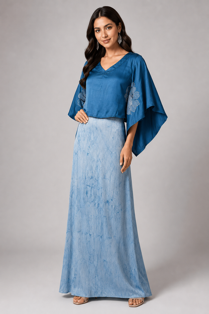 Imari Painting Inspired Indigo Dyed Dabu Hand Block Printed Modal Silk Cord Set of Kaftan and Rapron Skirt
