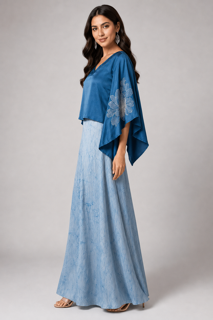 Imari Painting Inspired Indigo Dyed Dabu Hand Block Printed Modal Silk Cord Set of Kaftan and Rapron Skirt