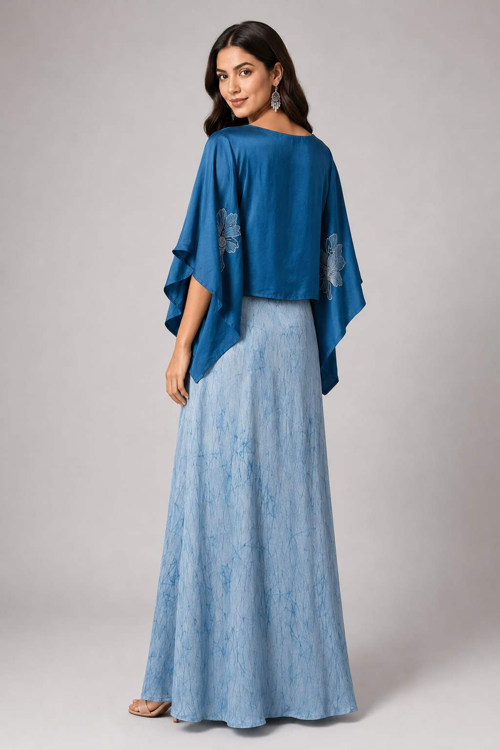 Imari Painting Inspired Indigo Dyed Dabu Hand Block Printed Modal Silk Cord Set of Kaftan and Rapron Skirt