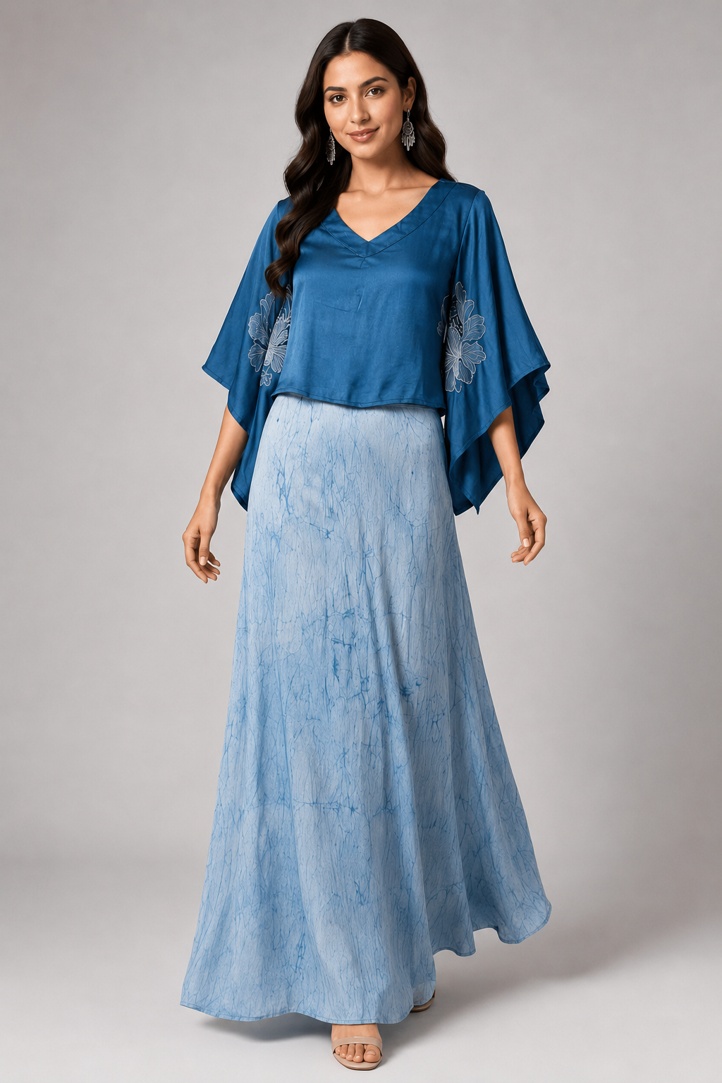 Imari Painting Inspired Indigo Dyed Dabu Hand Block Printed Modal Silk Cord Set of Kaftan and Rapron Skirt