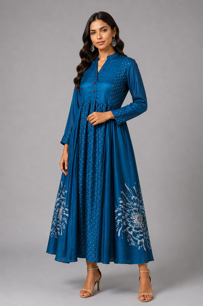 Imari Painting Inspired Indigo Dyed Dabu Hand Block Printed Modal Silk Kalidar Dress
