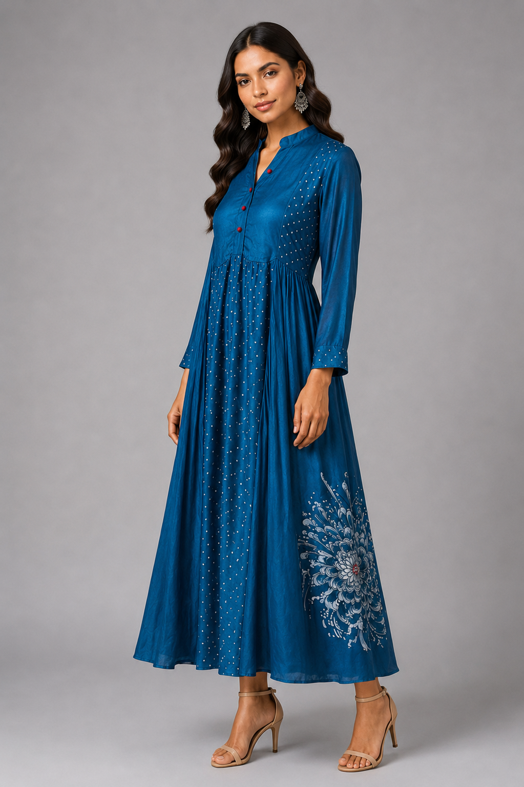 Imari Painting Inspired Indigo Dyed Dabu Hand Block Printed Modal Silk Kalidar Dress
