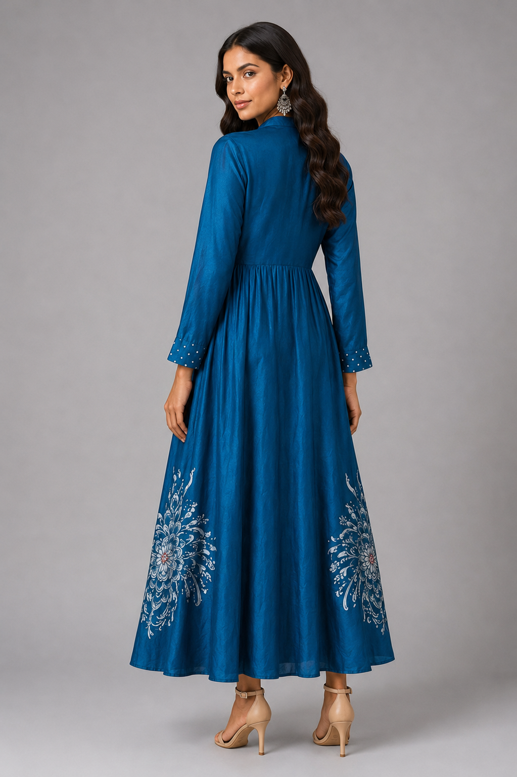 Imari Painting Inspired Indigo Dyed Dabu Hand Block Printed Modal Silk Kalidar Dress