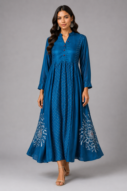 Imari Painting Inspired Indigo Dyed Dabu Hand Block Printed Modal Silk Kalidar Dress