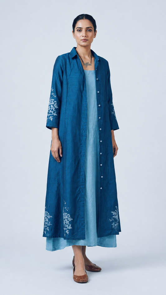 Imari Painting Inspired Indigo Dyed Dabu Hand Block Printed Chanderi Silk two Pcs Set